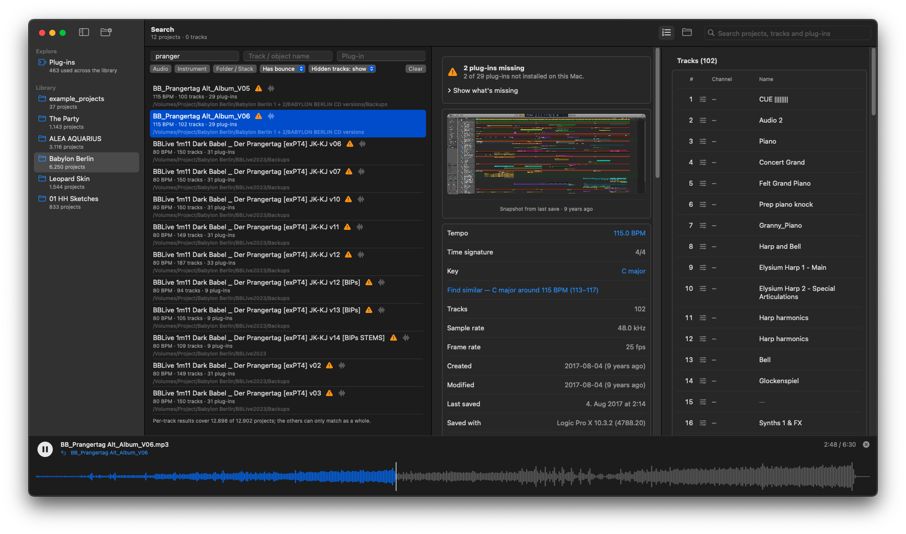 LPX Explorer main window: project list with search filters, project details and the track list, with the bounce player at the bottom.